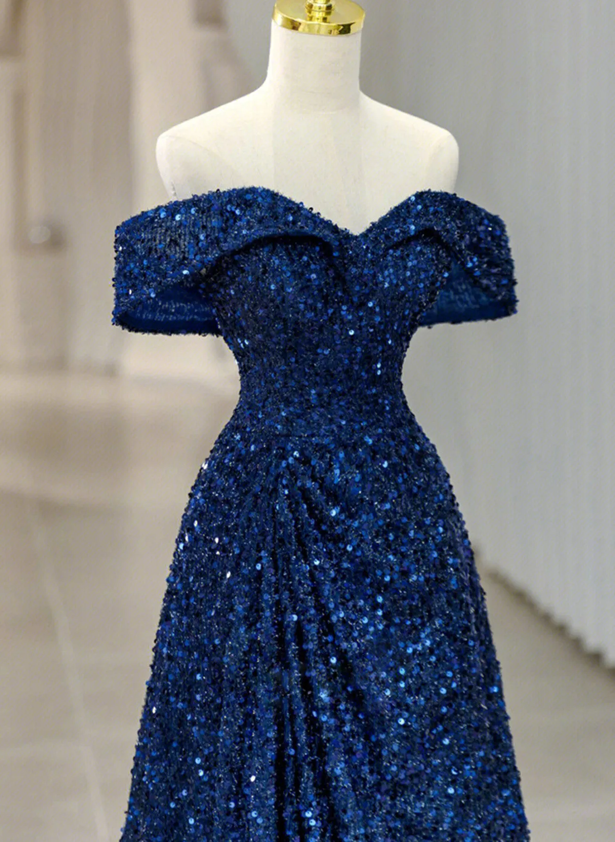 Blue Sequins Sweetheart Off Shoulder Party Dress, A-line Blue Long Evening Dress Prom Dress