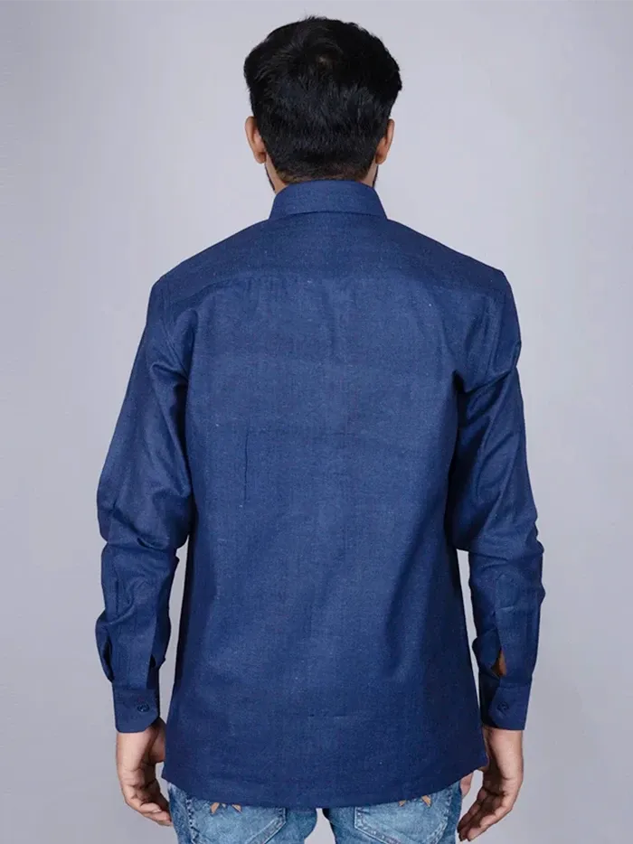 Blue Solid Handwoven Organic Cotton Men Full Sleeves Shirt