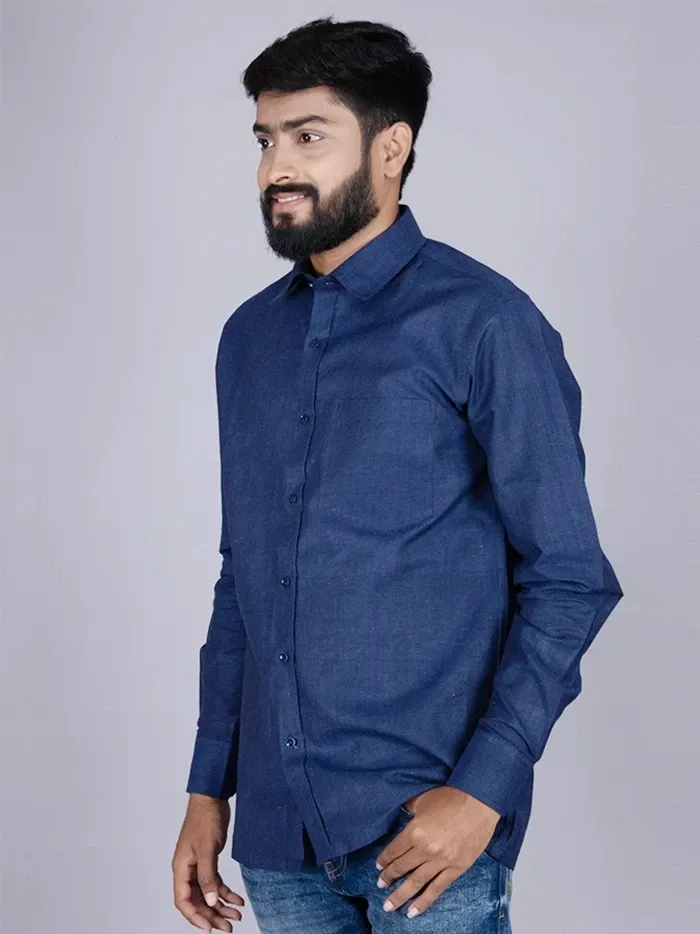 Blue Solid Handwoven Organic Cotton Men Full Sleeves Shirt