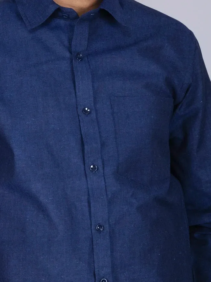 Blue Solid Handwoven Organic Cotton Men Full Sleeves Shirt