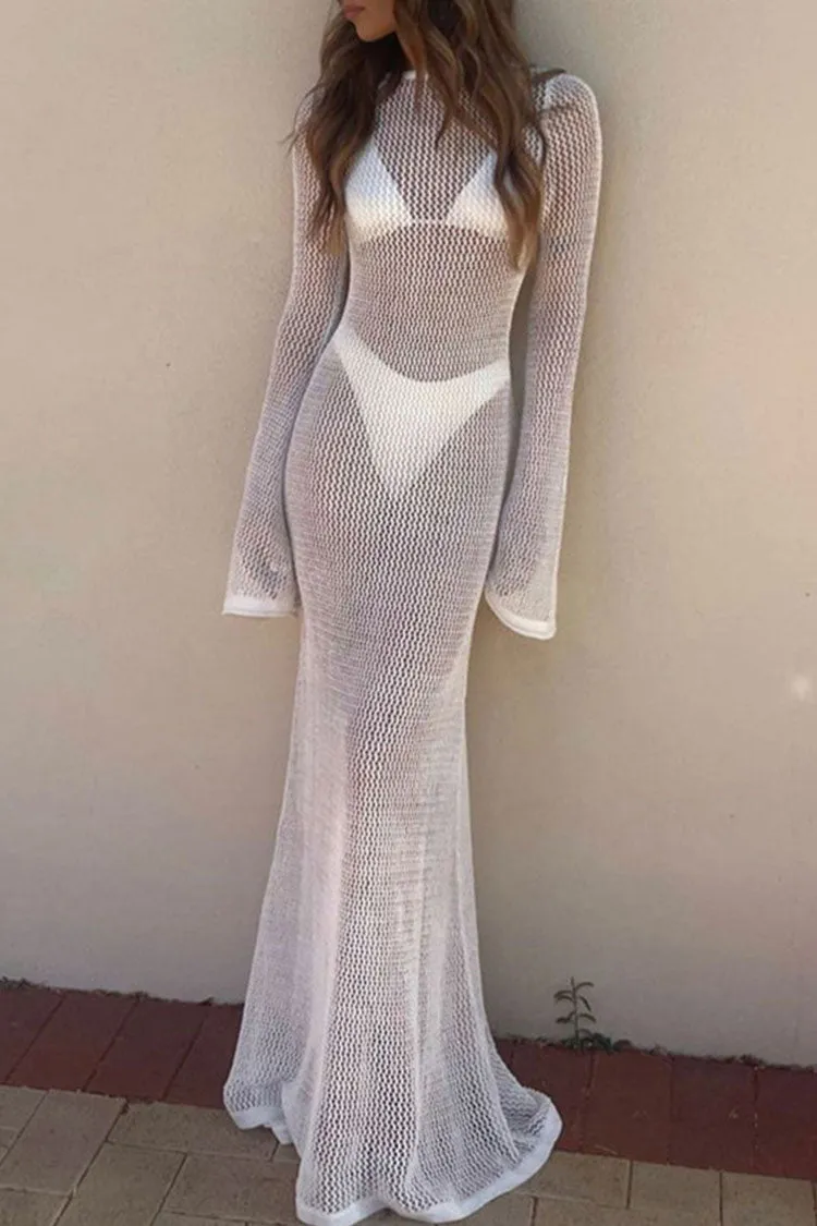 Boat Neck Bell Sleeve Crochet Knit Beach Vacation Maxi Dress - White