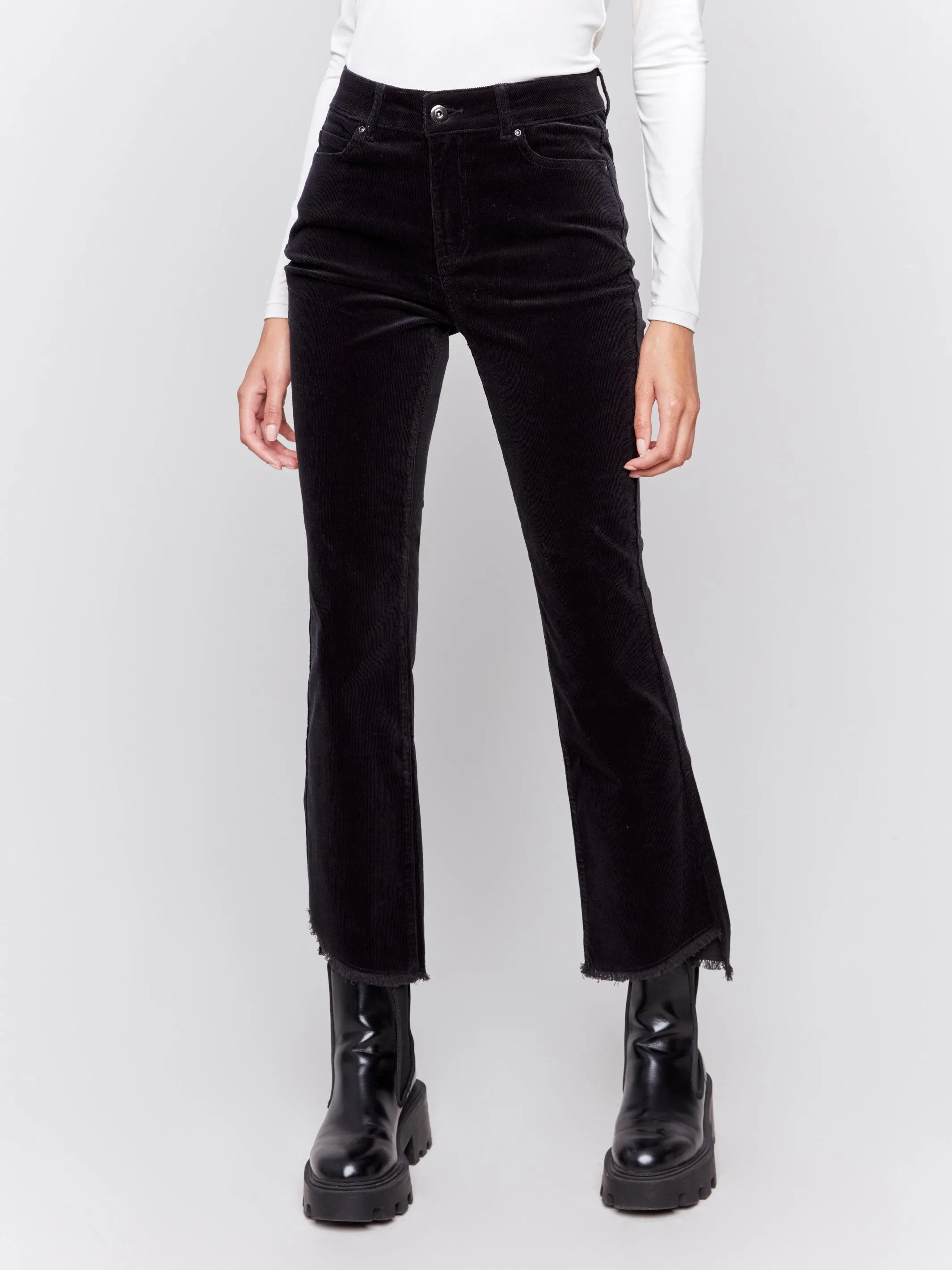 Bootcut Corduroy Pants with Asymmetrical Hem - Black