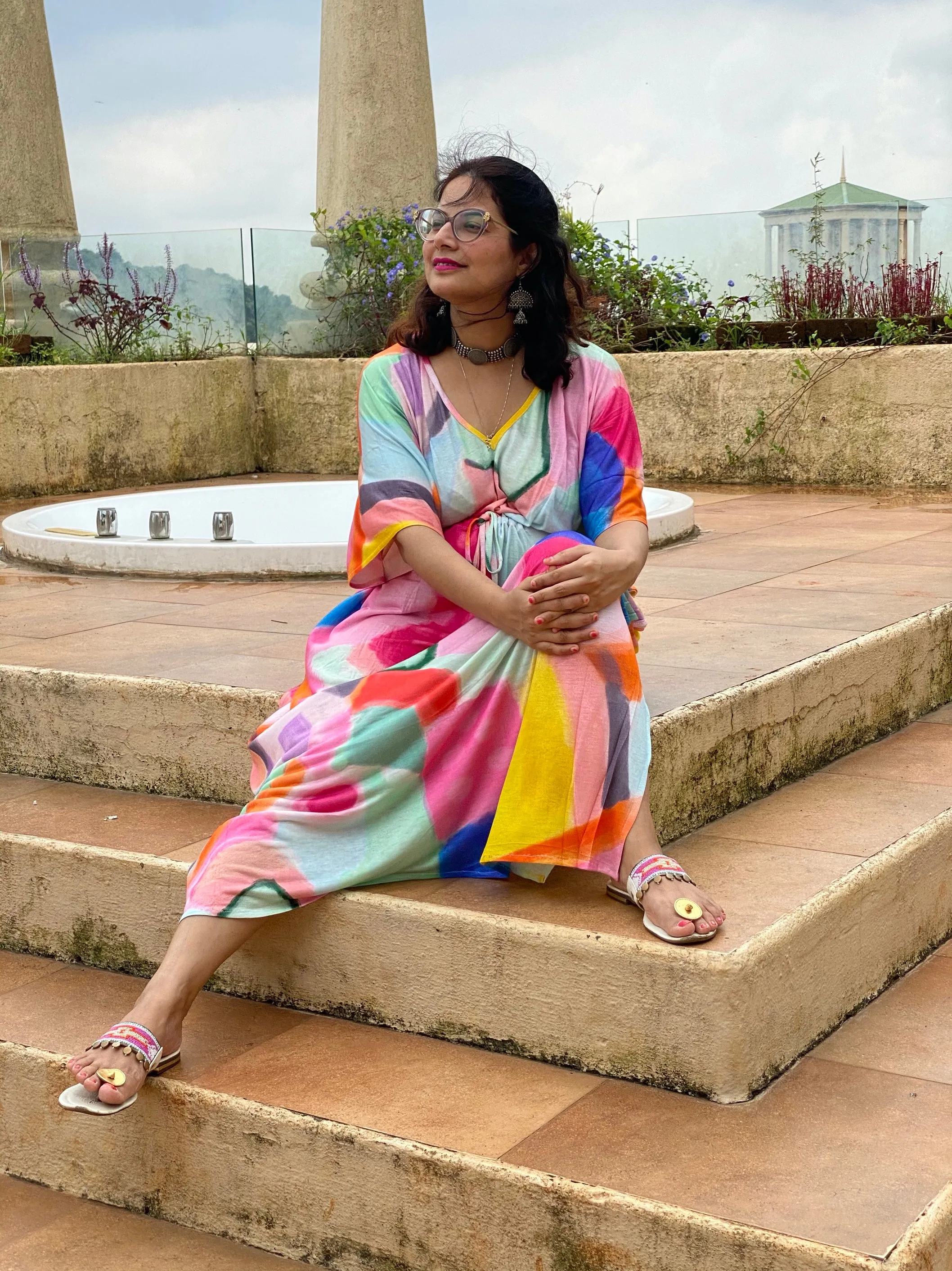 Bright Whimsy Strokes "Timeless" Style Caftan | Soft Jersey Knit Organic Cotton | Perfect Loungewear House Dress