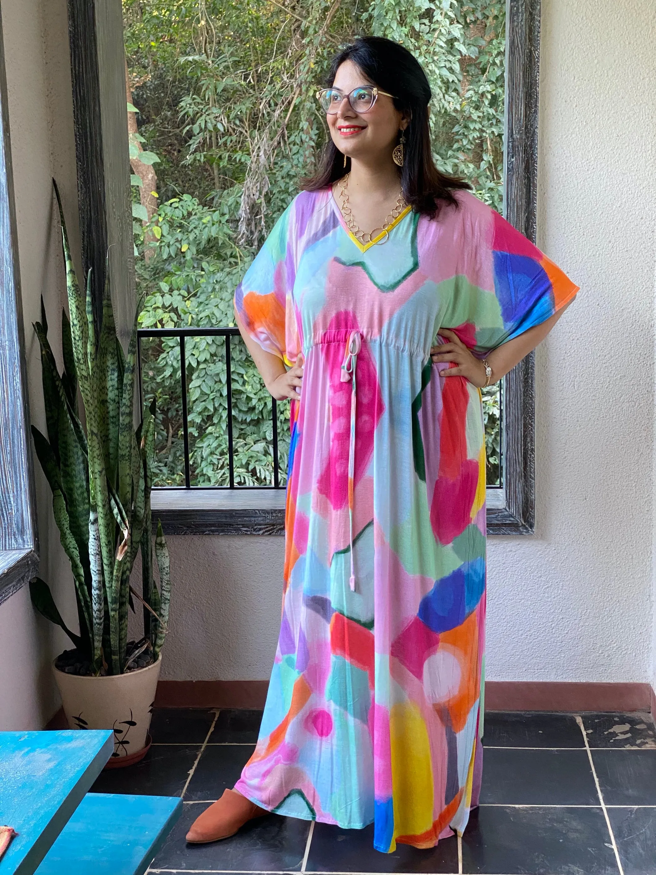 Bright Whimsy Strokes "Timeless" Style Caftan | Soft Jersey Knit Organic Cotton | Perfect Loungewear House Dress