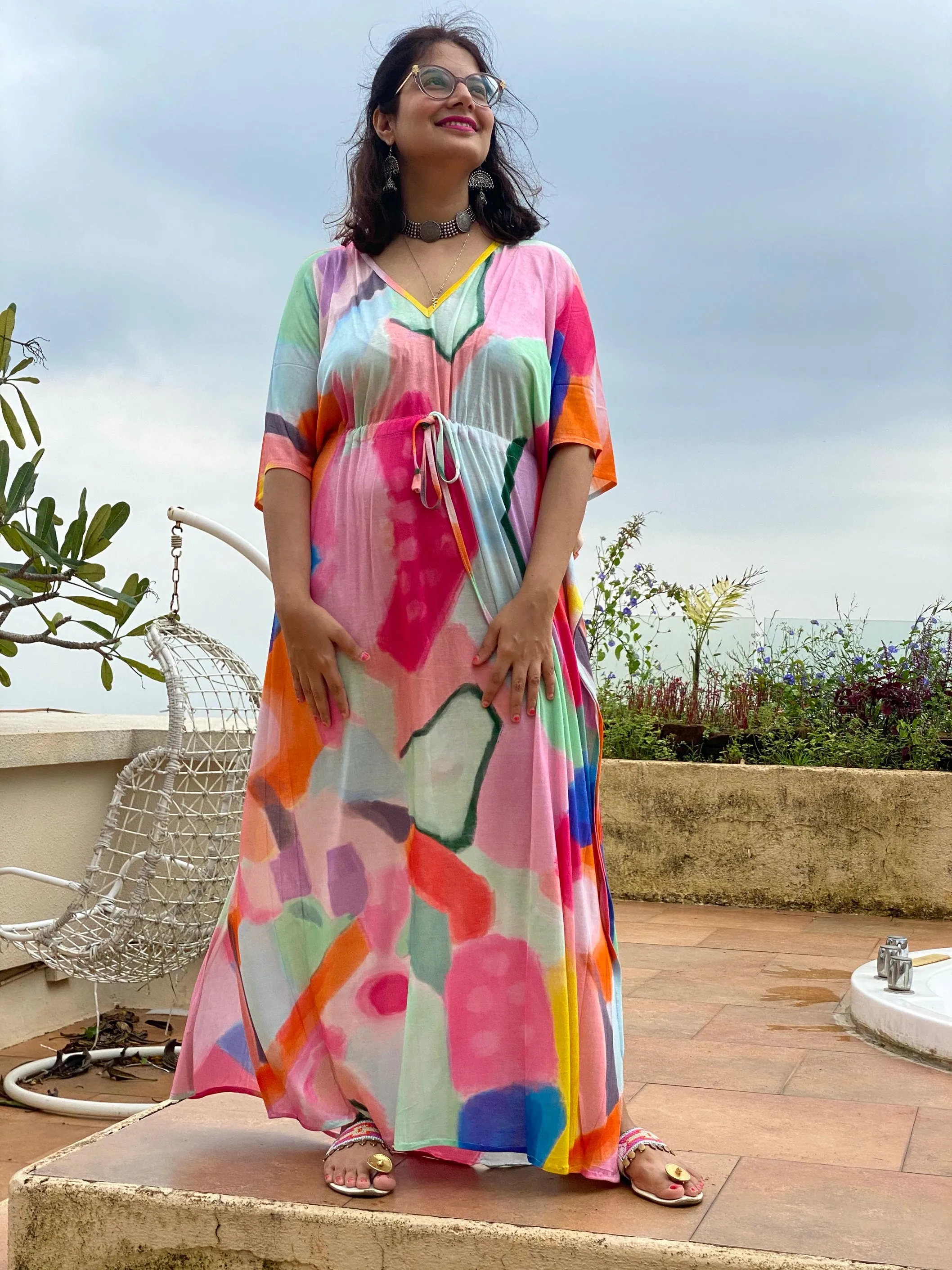 Bright Whimsy Strokes "Timeless" Style Caftan | Soft Jersey Knit Organic Cotton | Perfect Loungewear House Dress