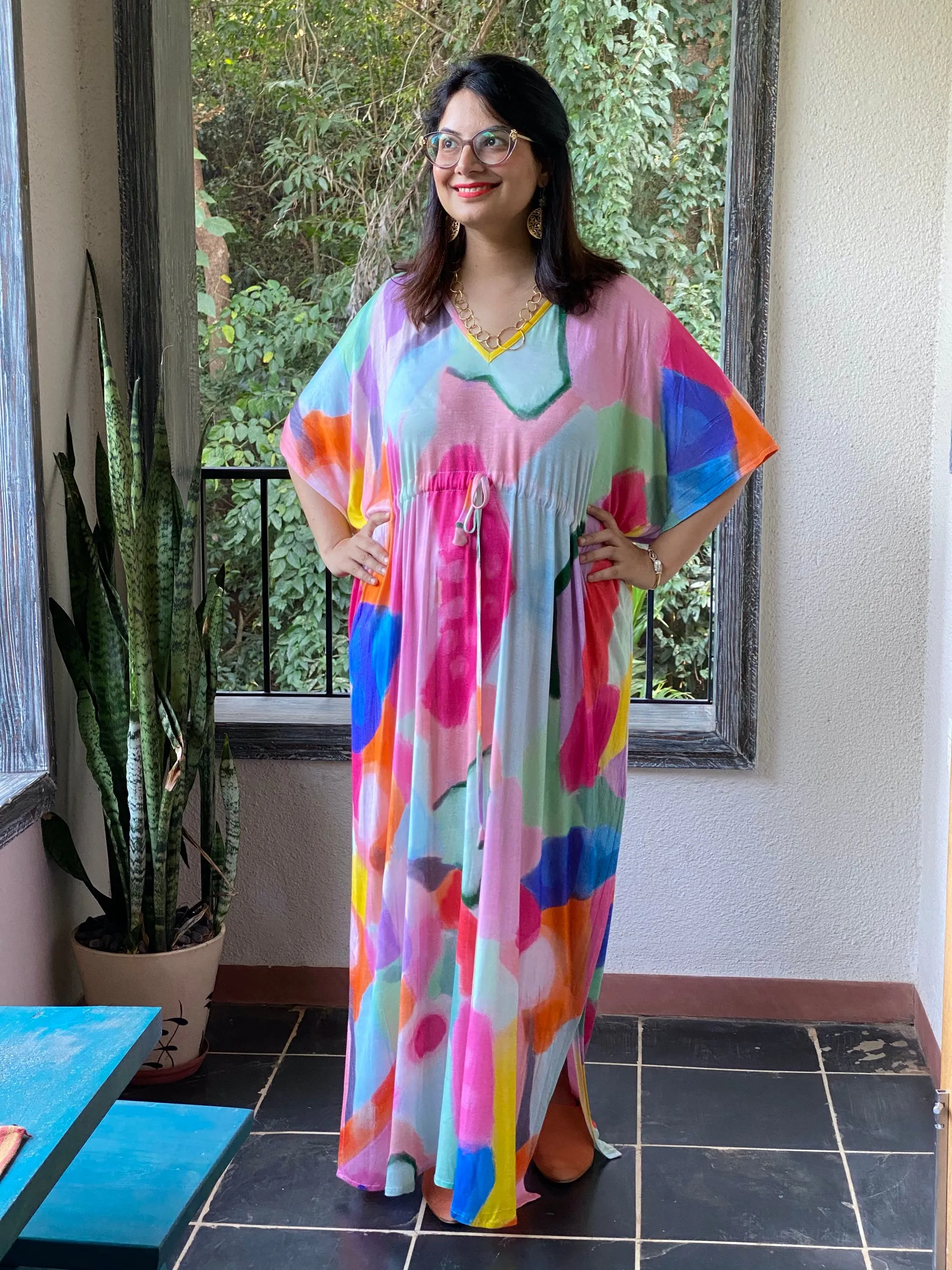 Bright Whimsy Strokes "Timeless" Style Caftan | Soft Jersey Knit Organic Cotton | Perfect Loungewear House Dress