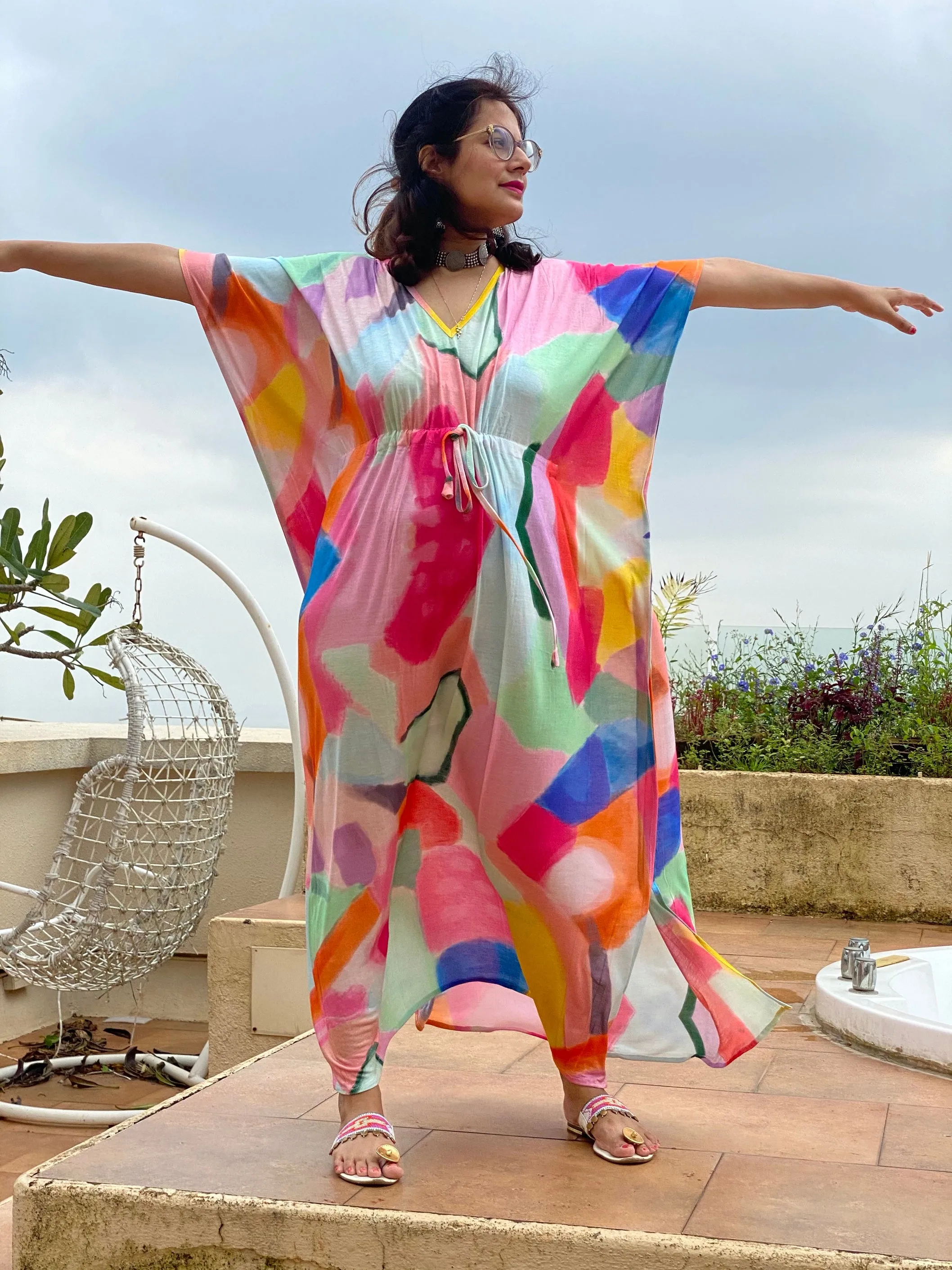 Bright Whimsy Strokes "Timeless" Style Caftan | Soft Jersey Knit Organic Cotton | Perfect Loungewear House Dress