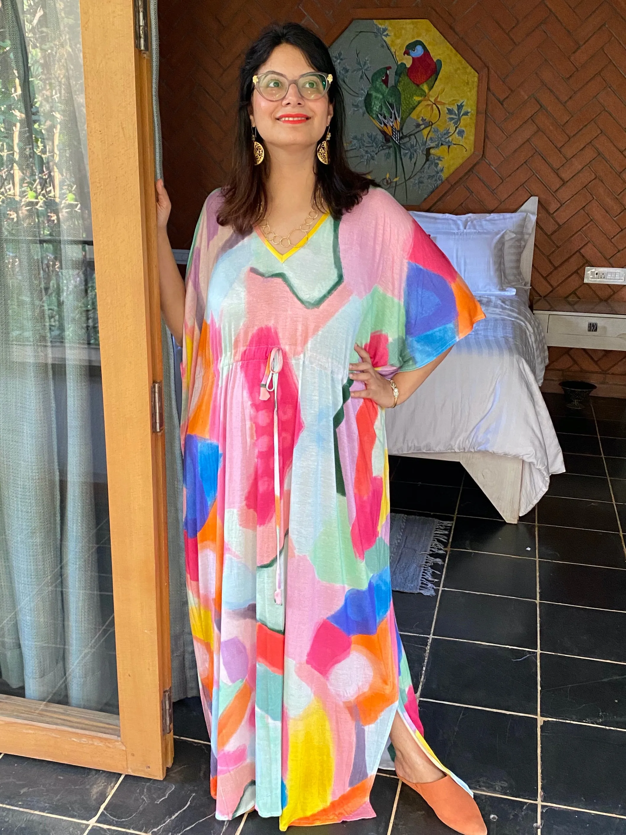 Bright Whimsy Strokes "Timeless" Style Caftan | Soft Jersey Knit Organic Cotton | Perfect Loungewear House Dress