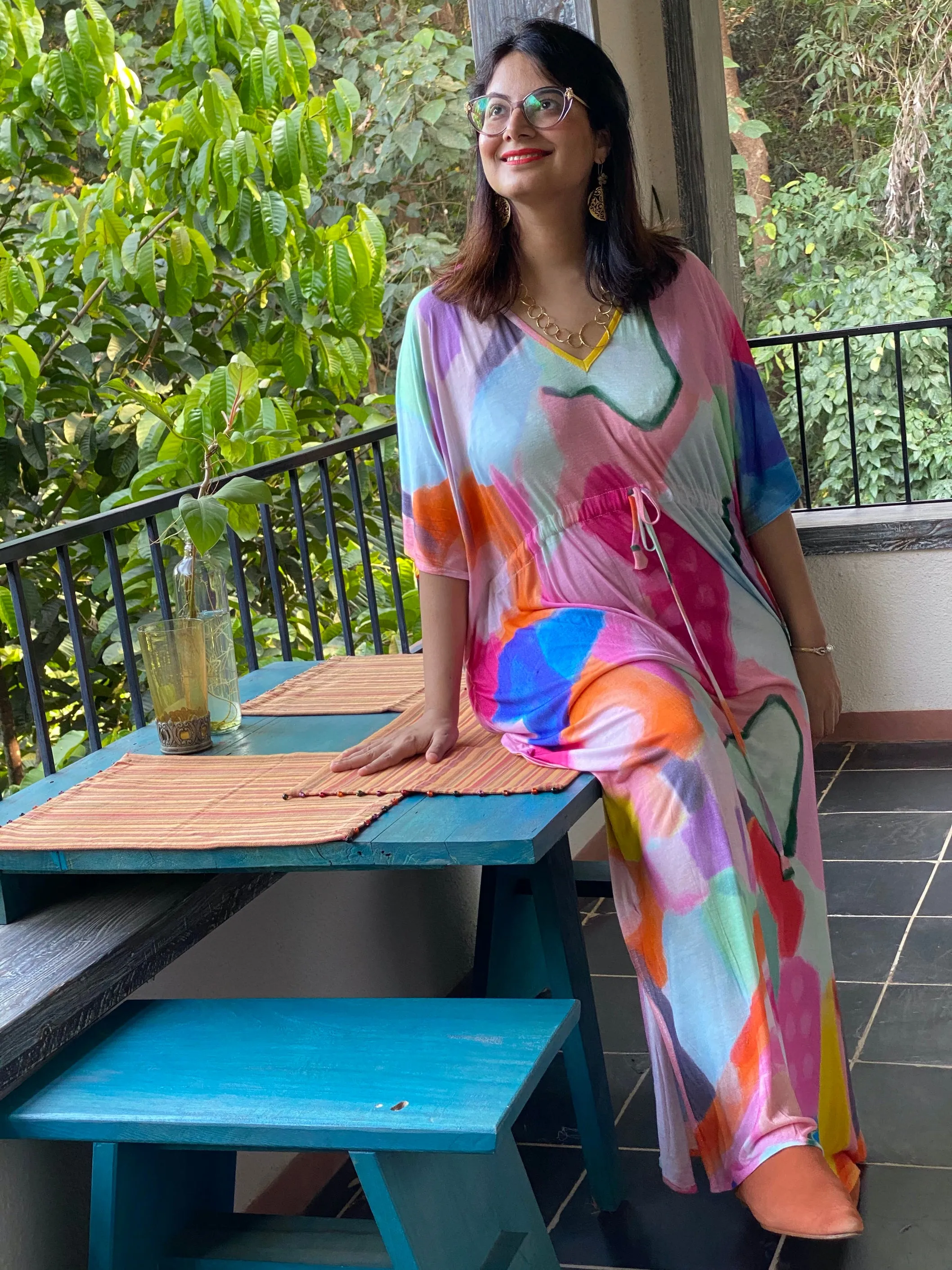 Bright Whimsy Strokes "Timeless" Style Caftan | Soft Jersey Knit Organic Cotton | Perfect Loungewear House Dress