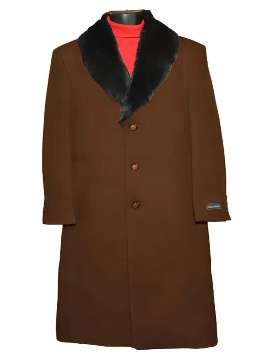 Brown Fur Collar 3 Button Wool Ankle length Overcoat ~ Long men's Dress Topcoat - Winter coat