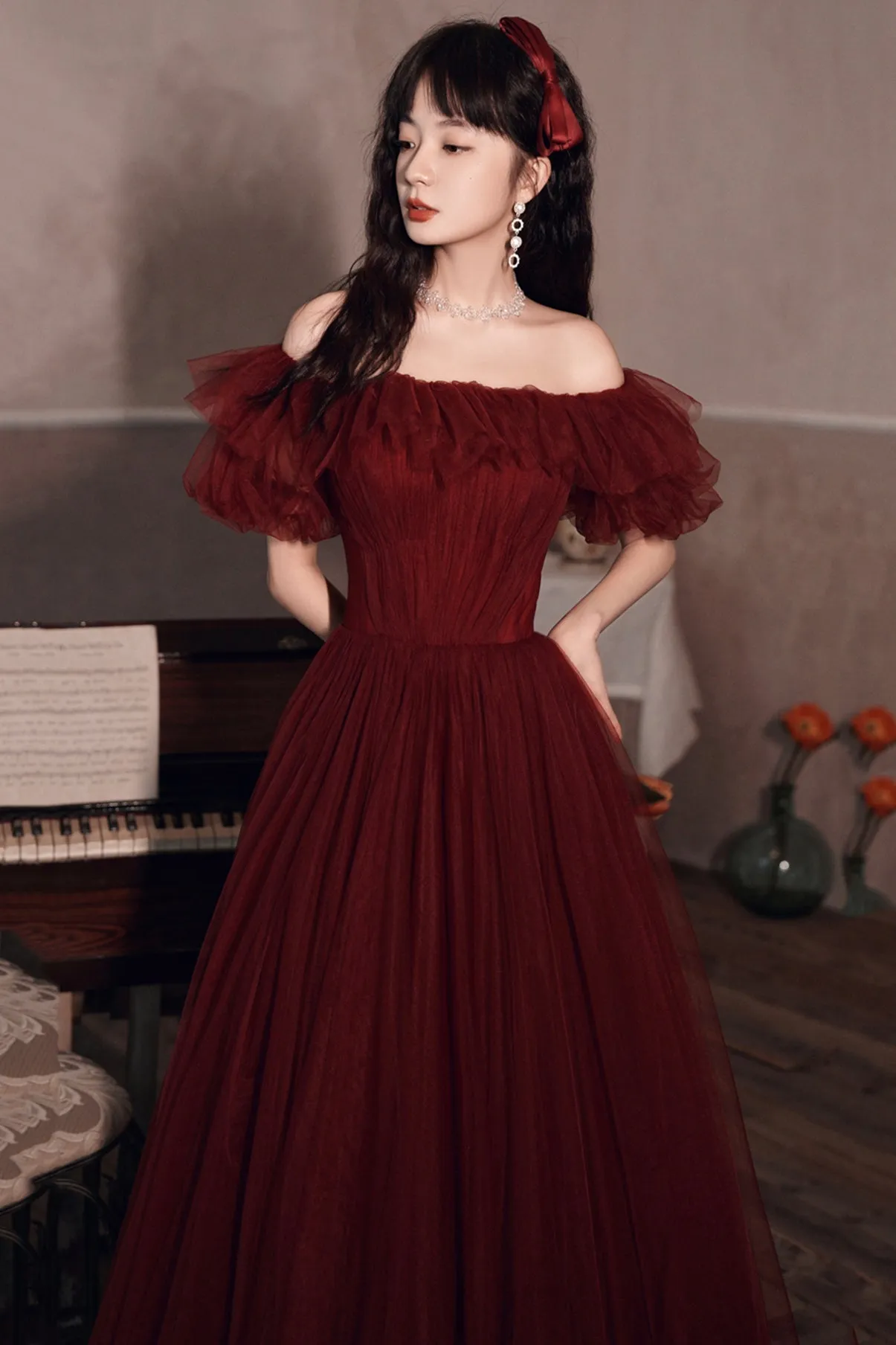 Burgundy Off Shoulder Scoop Long Formal Dress, Burgundy A-line Evening Dress