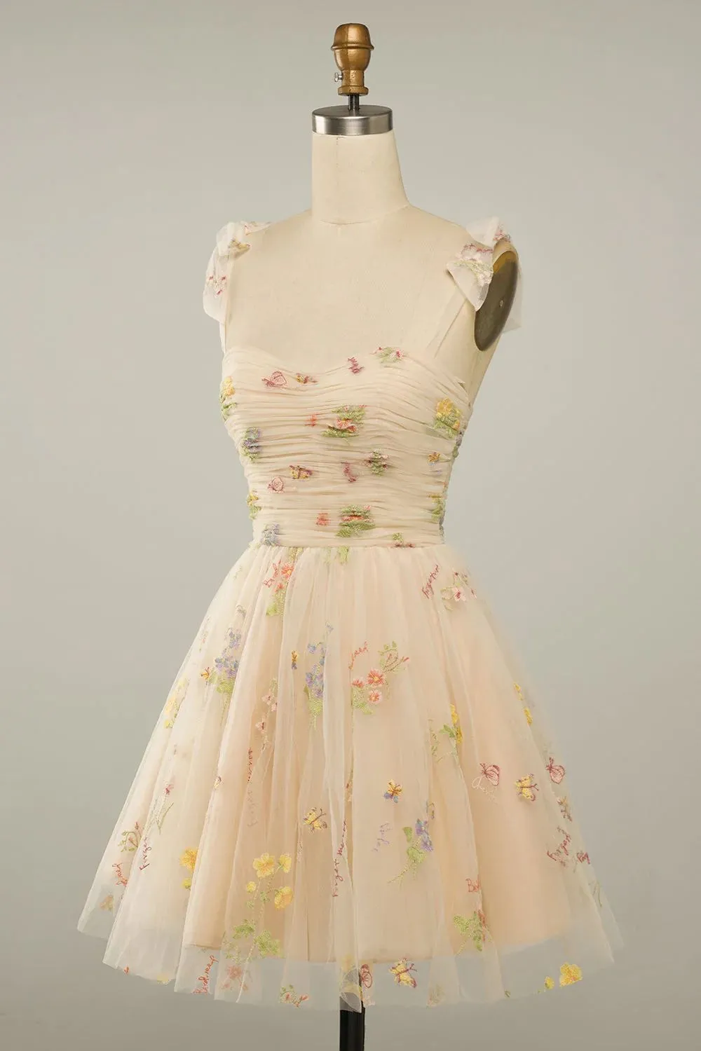 Champagne Floral Embroidery Homecoming Dress