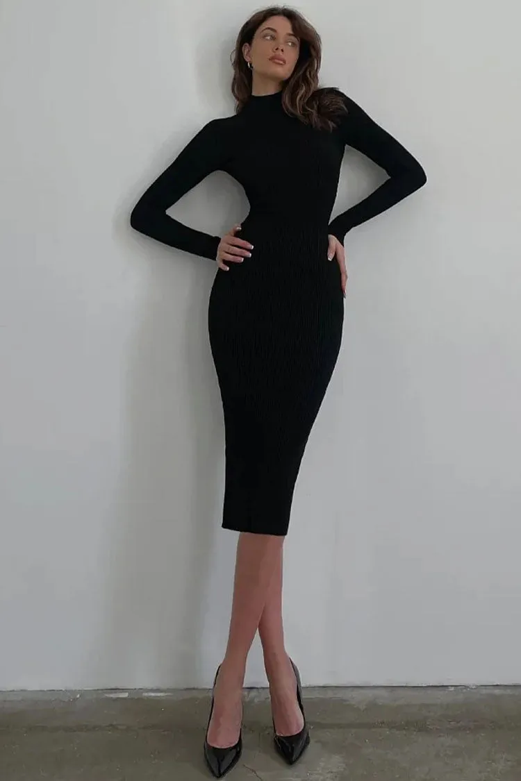 Chic High Neck Long Sleeve Bodycon Rib Knit Sweater Midi Dress - Black