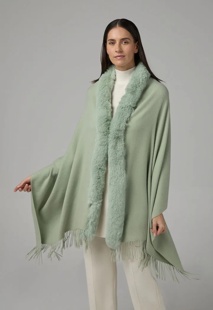 Choice Faux Fur Embellished Poncho Green