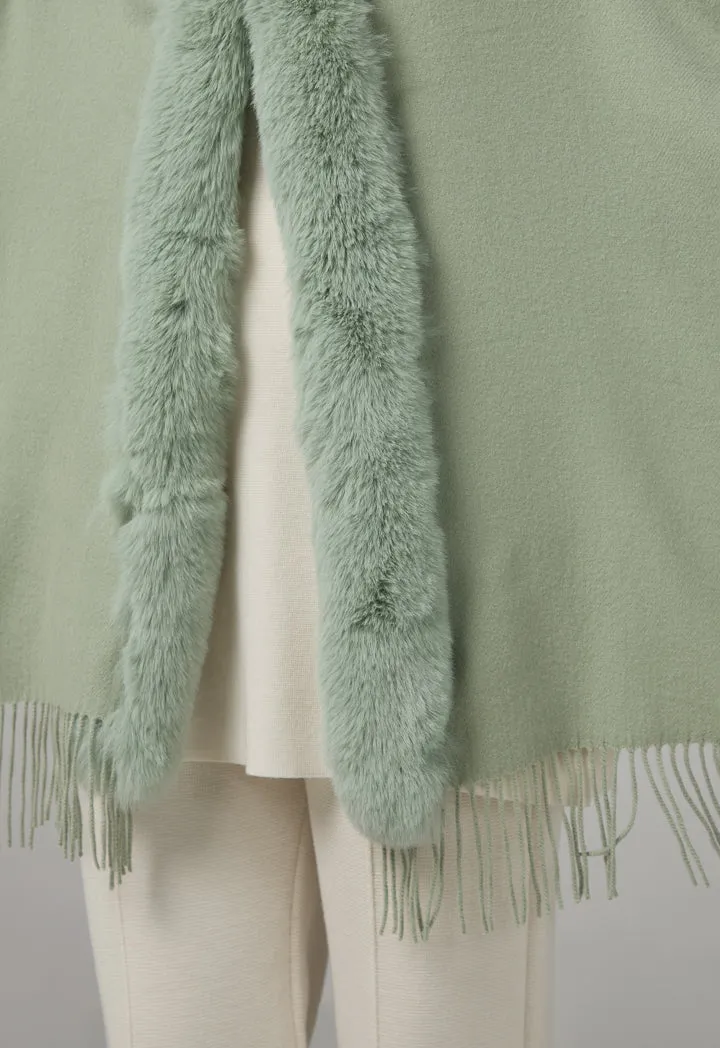 Choice Faux Fur Embellished Poncho Green