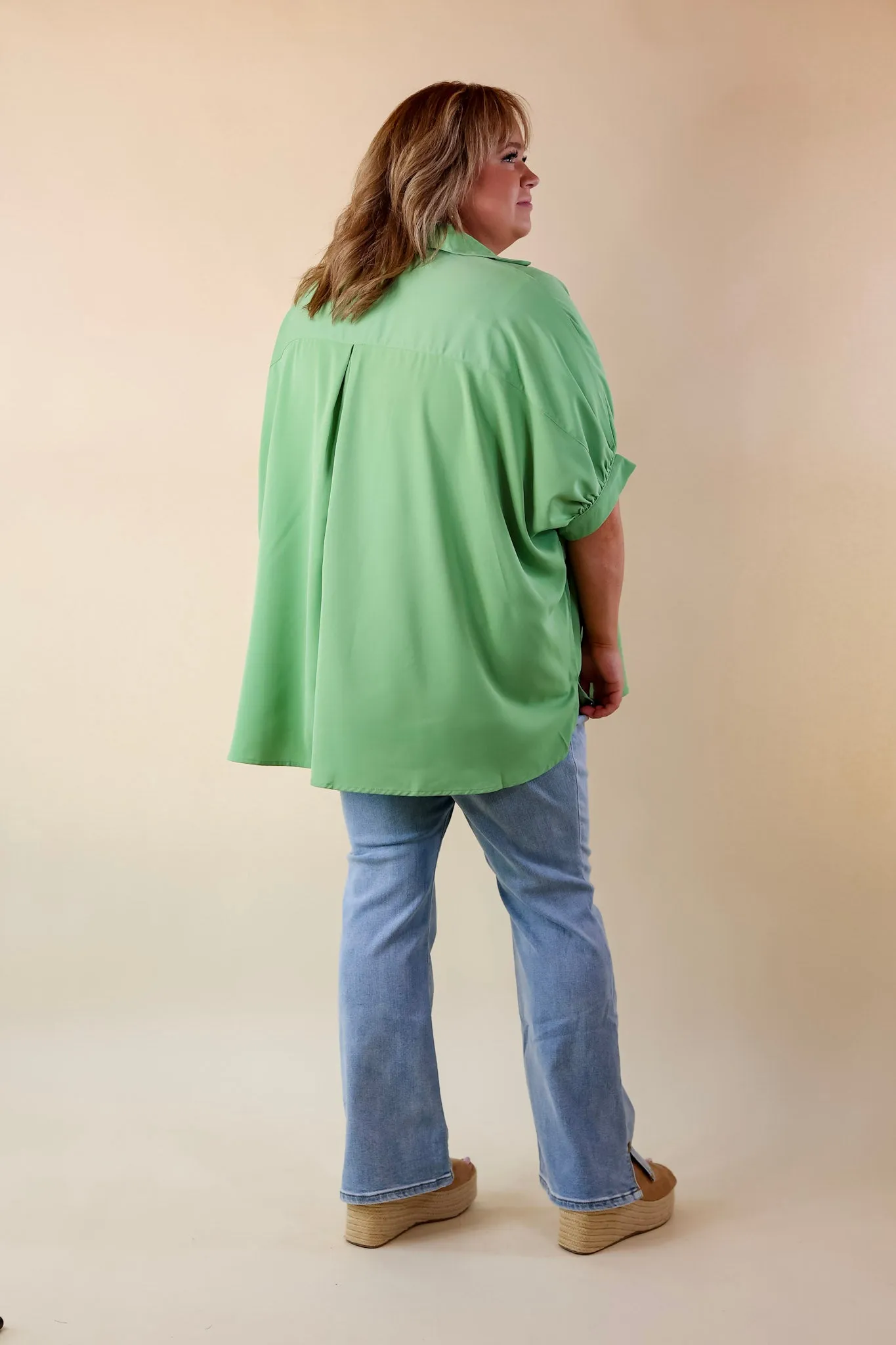 City Lifestyle Button Up Half Sleeve Poncho Top in Aloe Green