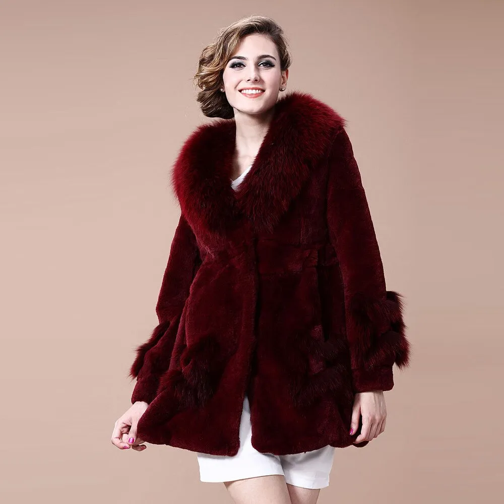 Coats for Women REX Rabbit Fur Coat Fox Fur Collar Jacket Overcoat 010105