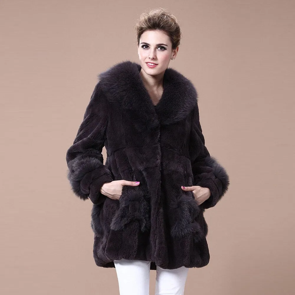 Coats for Women REX Rabbit Fur Coat Fox Fur Collar Jacket Overcoat 010105