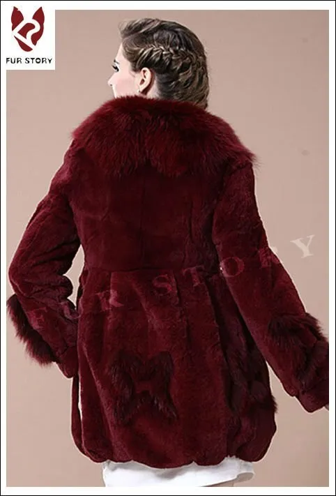 Coats for Women REX Rabbit Fur Coat Fox Fur Collar Jacket Overcoat 010105