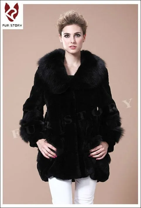 Coats for Women REX Rabbit Fur Coat Fox Fur Collar Jacket Overcoat 010105