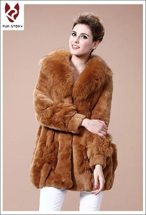 Coats for Women REX Rabbit Fur Coat Fox Fur Collar Jacket Overcoat 010105