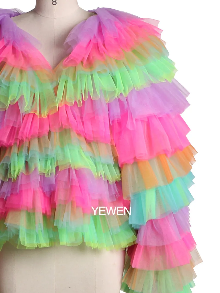 Colorful Long Sleeves V Neck Tulle Ruffles Jacket