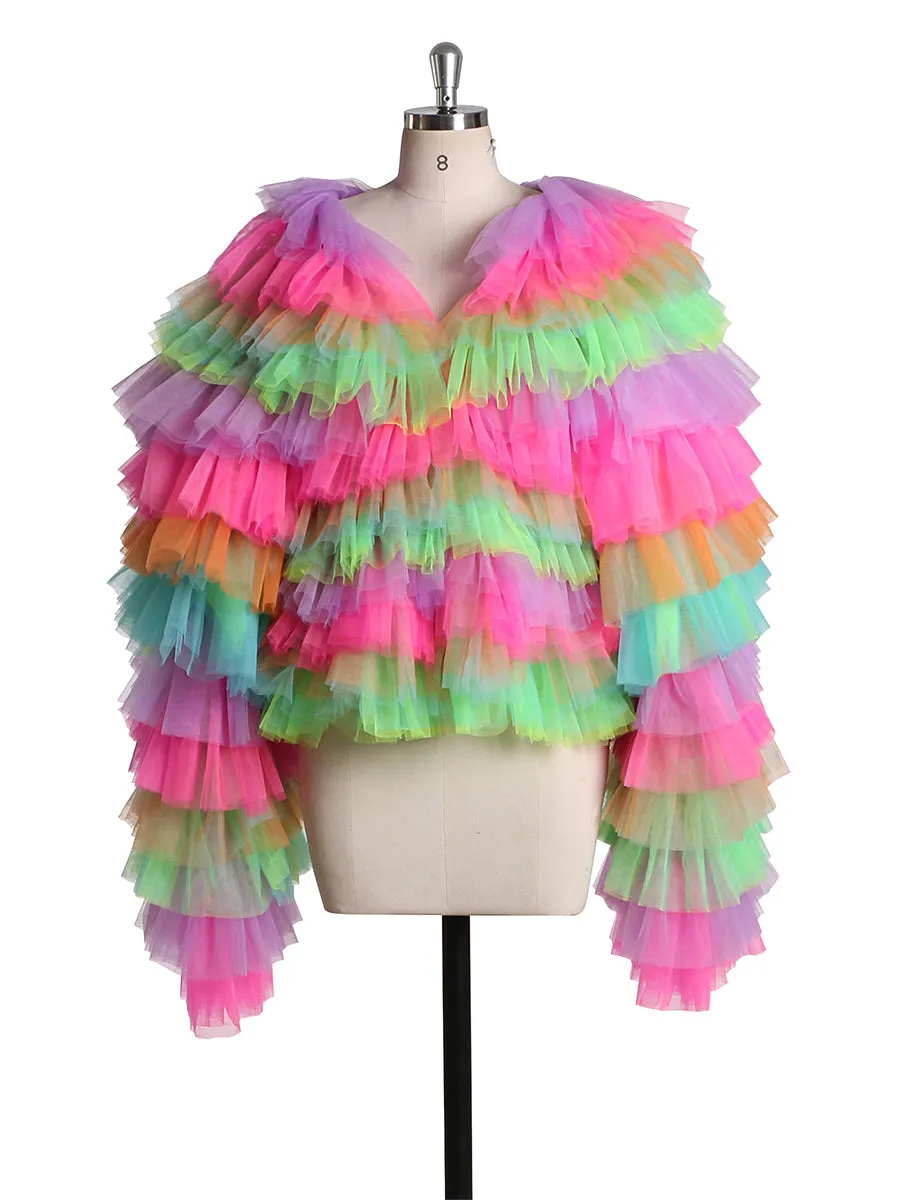 Colorful Long Sleeves V Neck Tulle Ruffles Jacket