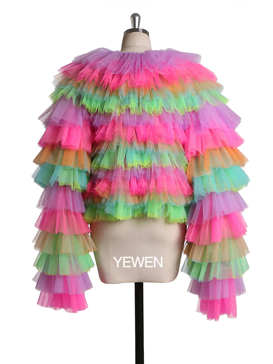 Colorful Long Sleeves V Neck Tulle Ruffles Jacket