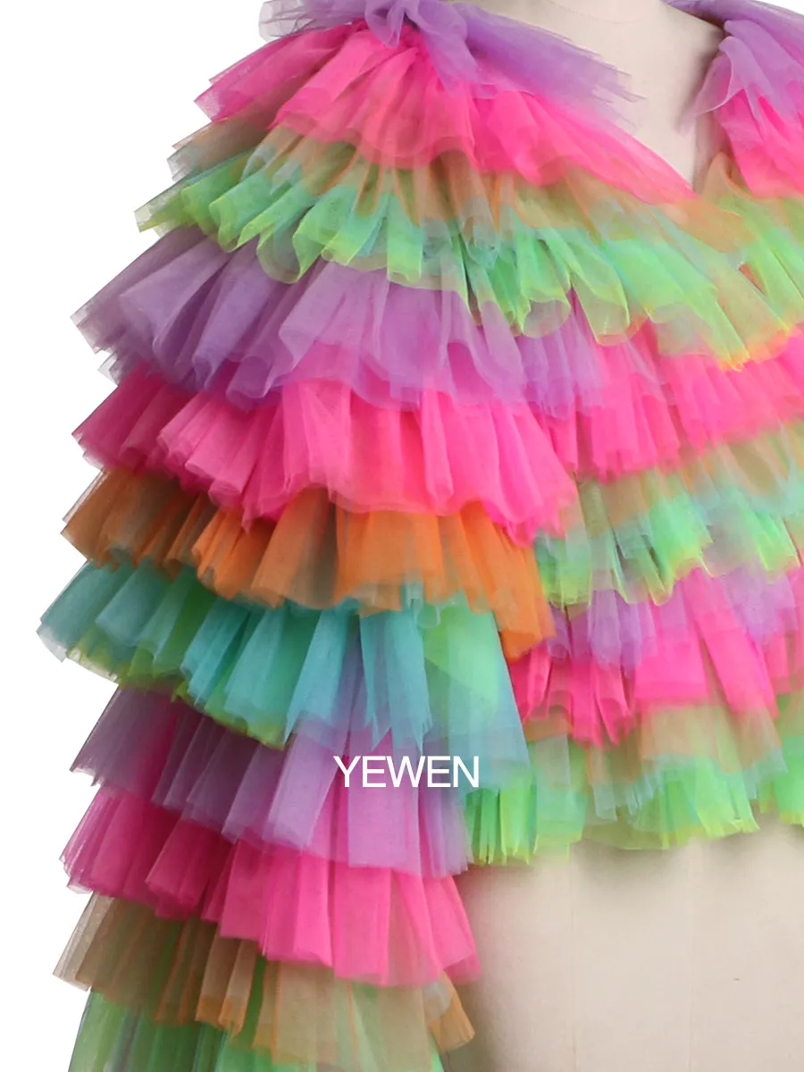 Colorful Long Sleeves V Neck Tulle Ruffles Jacket