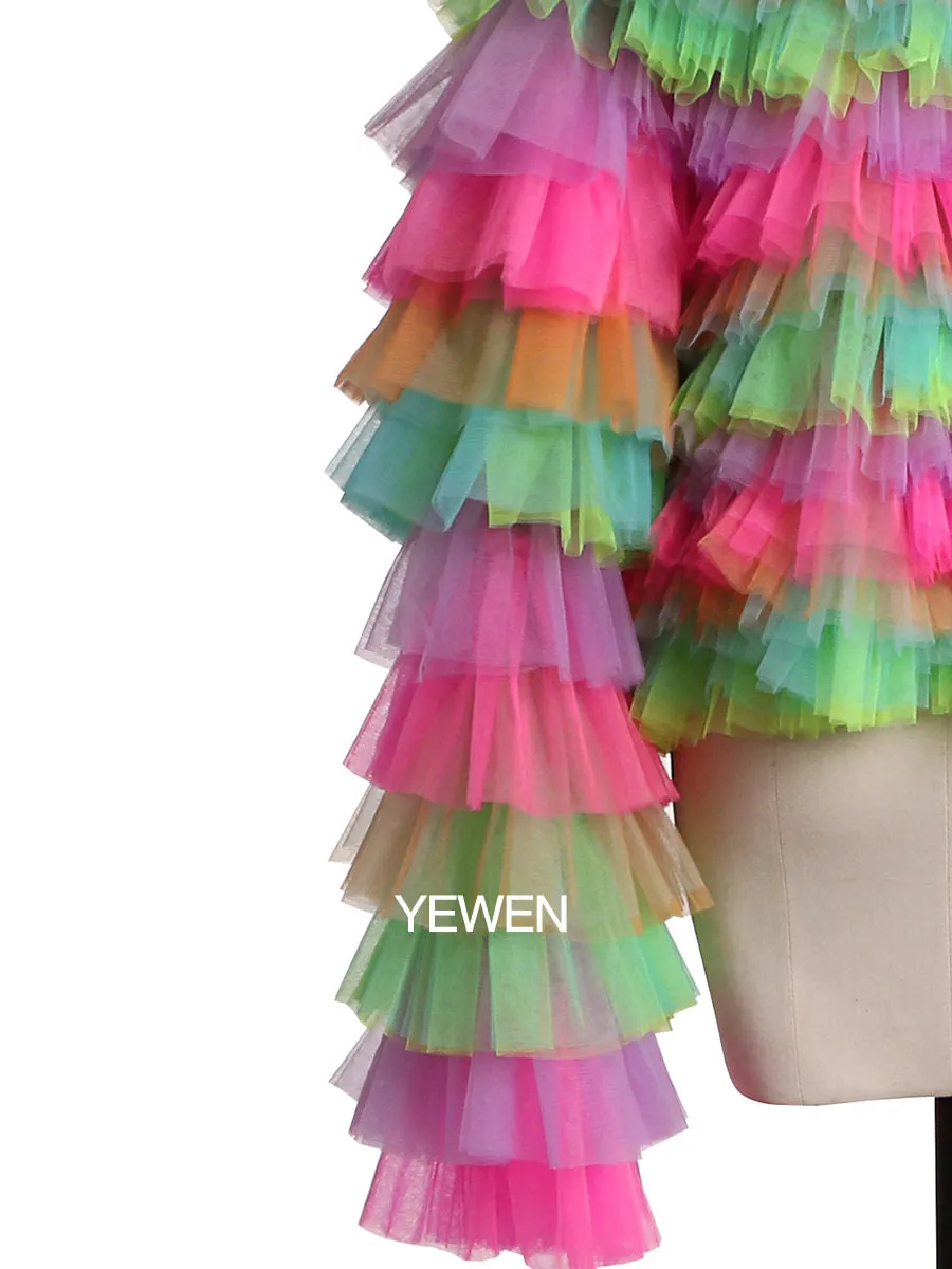 Colorful Long Sleeves V Neck Tulle Ruffles Jacket