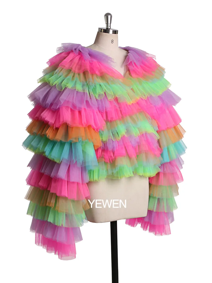 Colorful Long Sleeves V Neck Tulle Ruffles Jacket