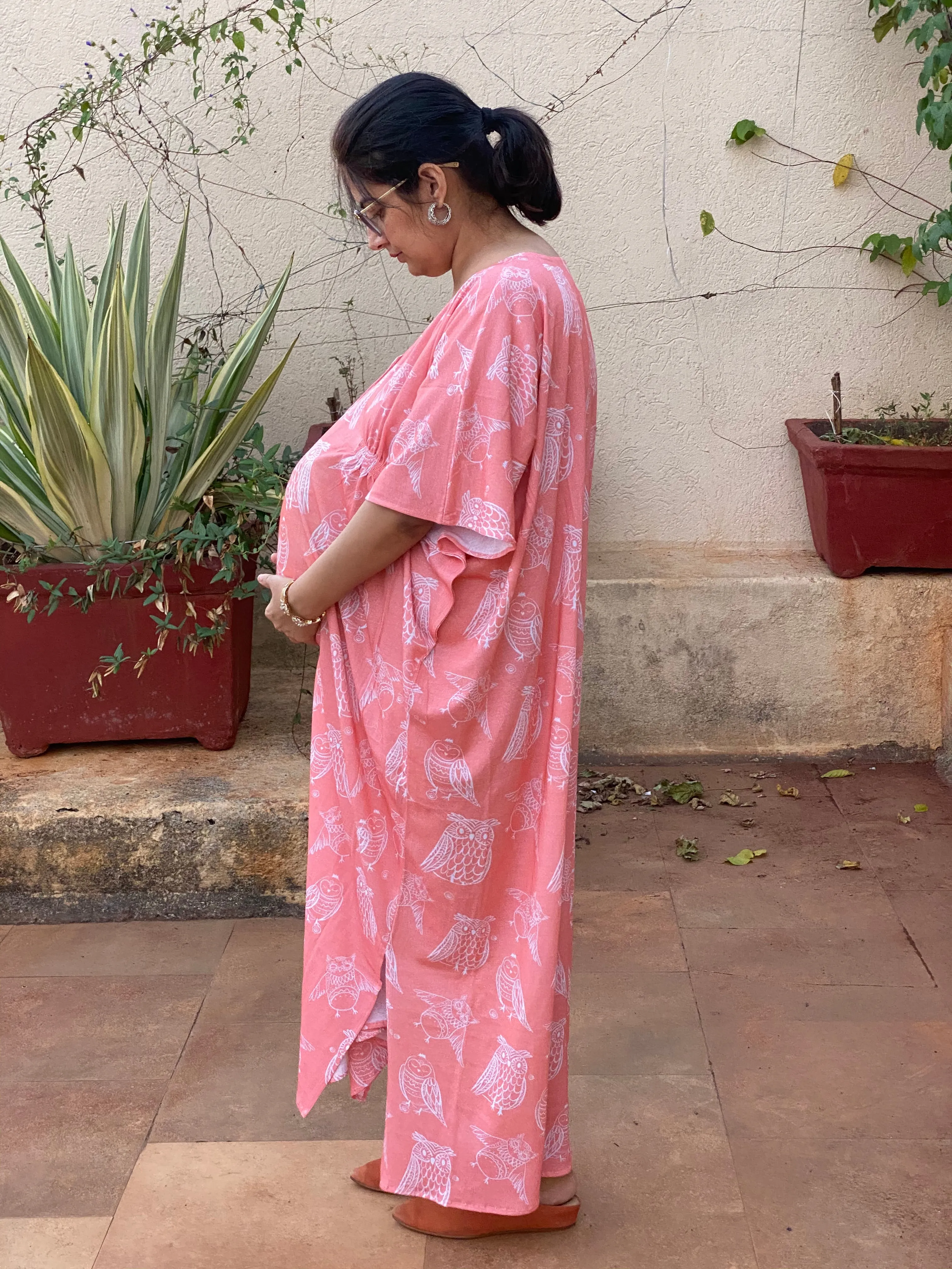 Coral Owling Away Maternity "Stunningly Simple" Style Caftan | Soft Jersey Knit Organic Cotton | Maternity House Dress