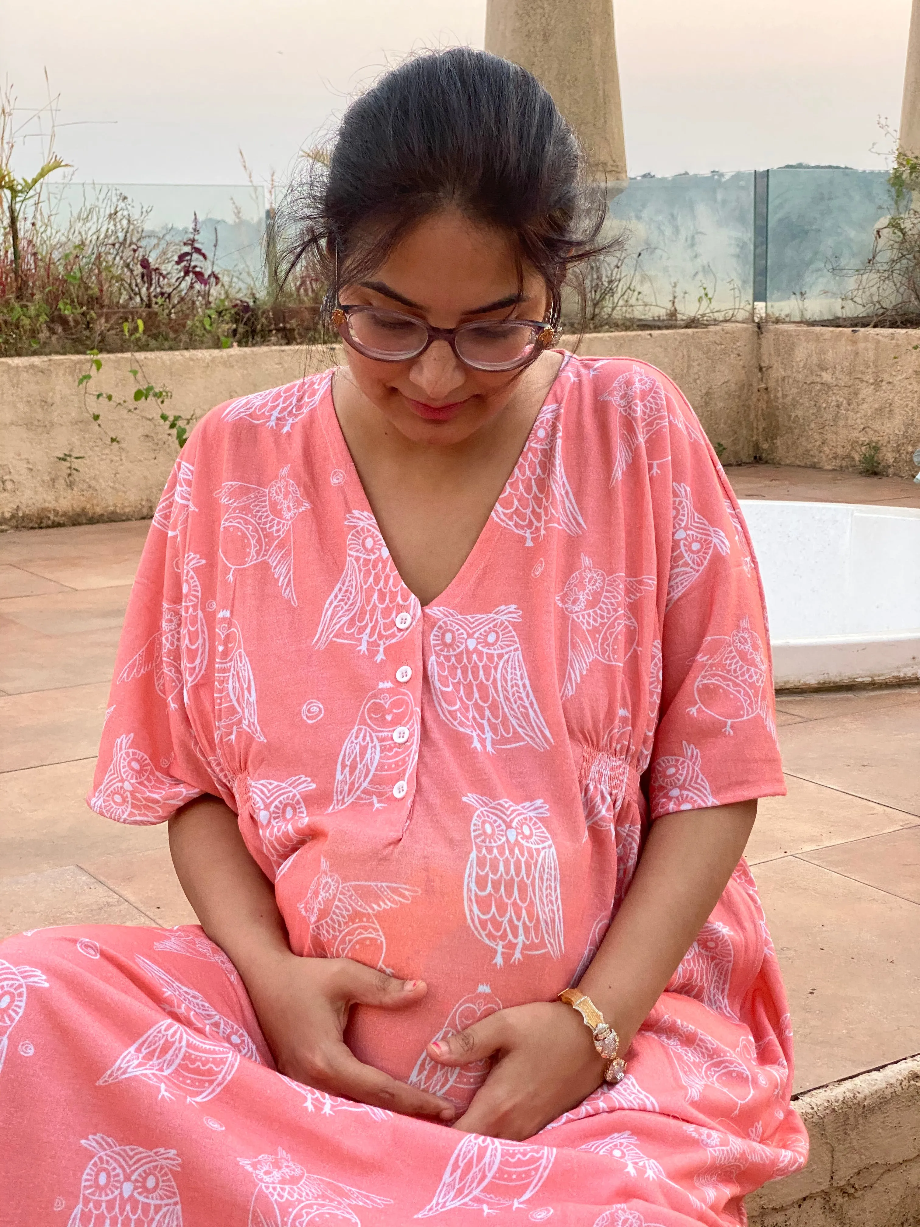 Coral Owling Away Maternity "Stunningly Simple" Style Caftan | Soft Jersey Knit Organic Cotton | Maternity House Dress