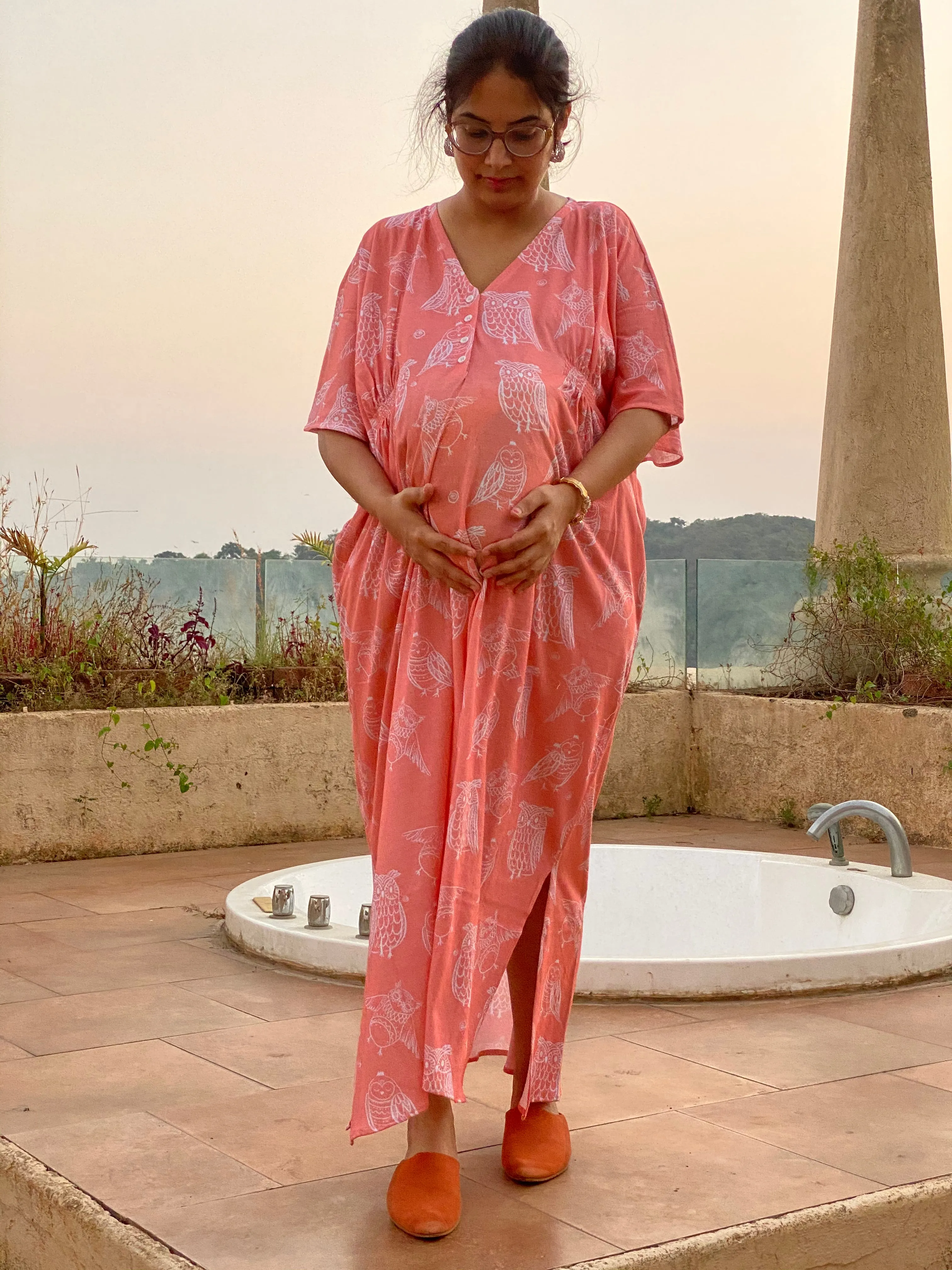 Coral Owling Away Maternity "Stunningly Simple" Style Caftan | Soft Jersey Knit Organic Cotton | Maternity House Dress