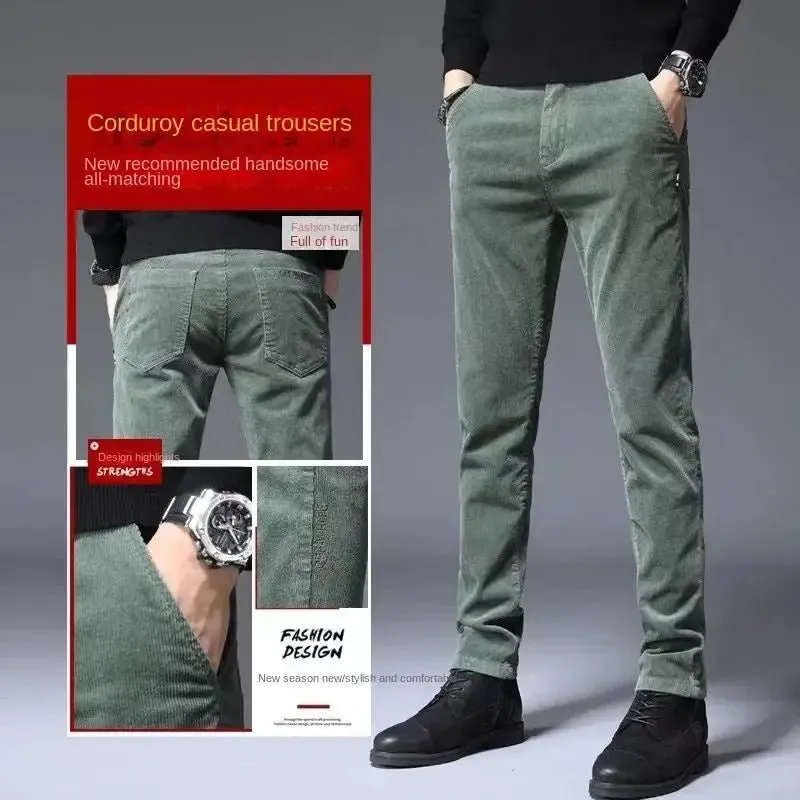 Corduroy Autumn Winter 2022 Men's Stretch Casual Slim Straight Velvet Thicken Men's Trousers Fashionable Youth Army Green Pants