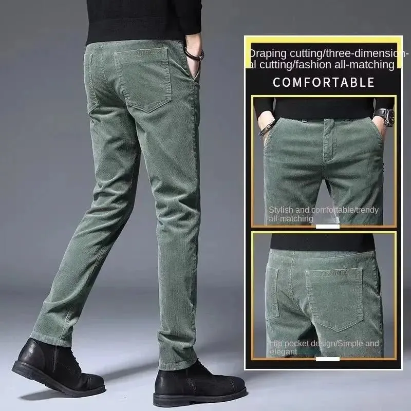 Corduroy Autumn Winter 2022 Men's Stretch Casual Slim Straight Velvet Thicken Men's Trousers Fashionable Youth Army Green Pants