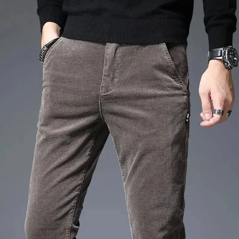 Corduroy Autumn Winter 2022 Men's Stretch Casual Slim Straight Velvet Thicken Men's Trousers Fashionable Youth Army Green Pants