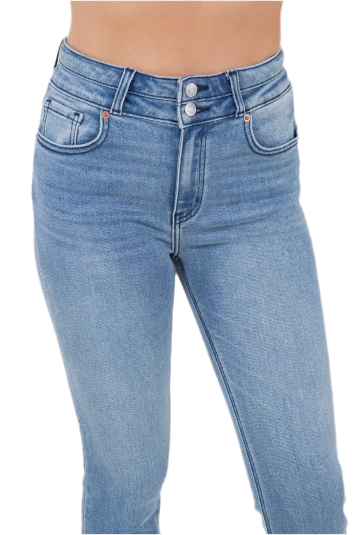 Corset Denim Double Waistband Frayed Hem Straight Jeans