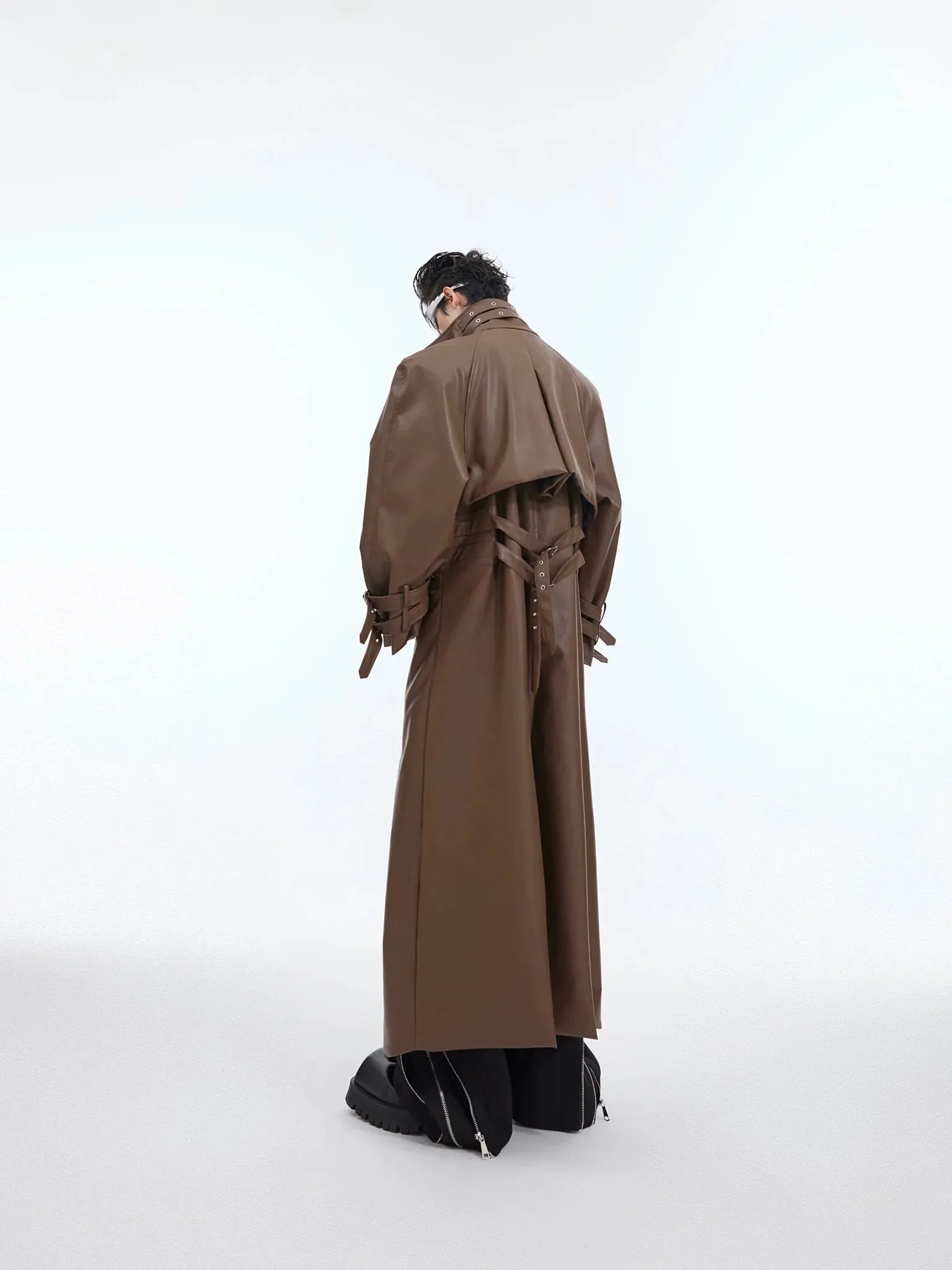 Deconstructed Faux Leather Overcoat | Split-Fold Loose Trench Outwear