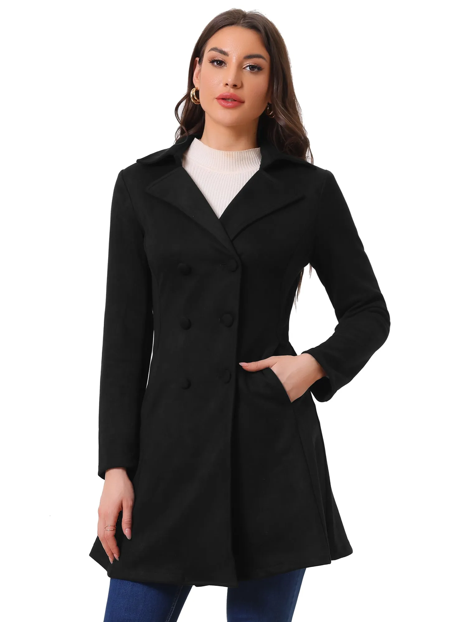 Double Breasted Notched Lapel Winter Elegant Long Coat