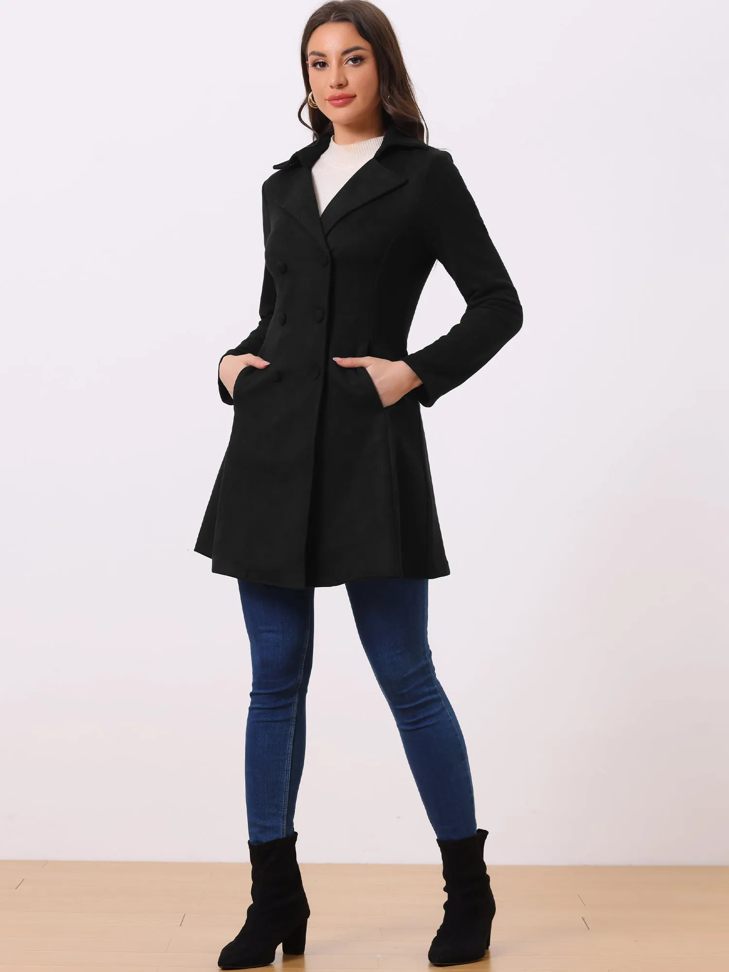 Double Breasted Notched Lapel Winter Elegant Long Coat