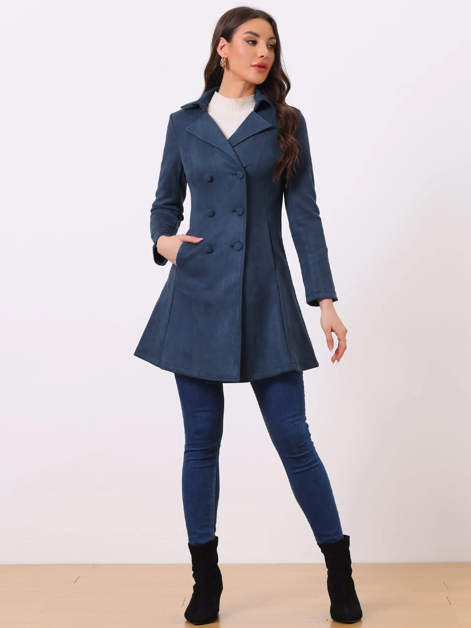 Double Breasted Notched Lapel Winter Elegant Long Coat