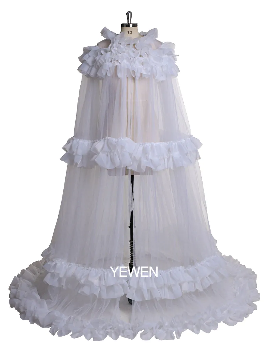 Elegant Cape Pleated Ruffled Maxi Wedding Dress Jacket For Maternity Gown Photo Shoot