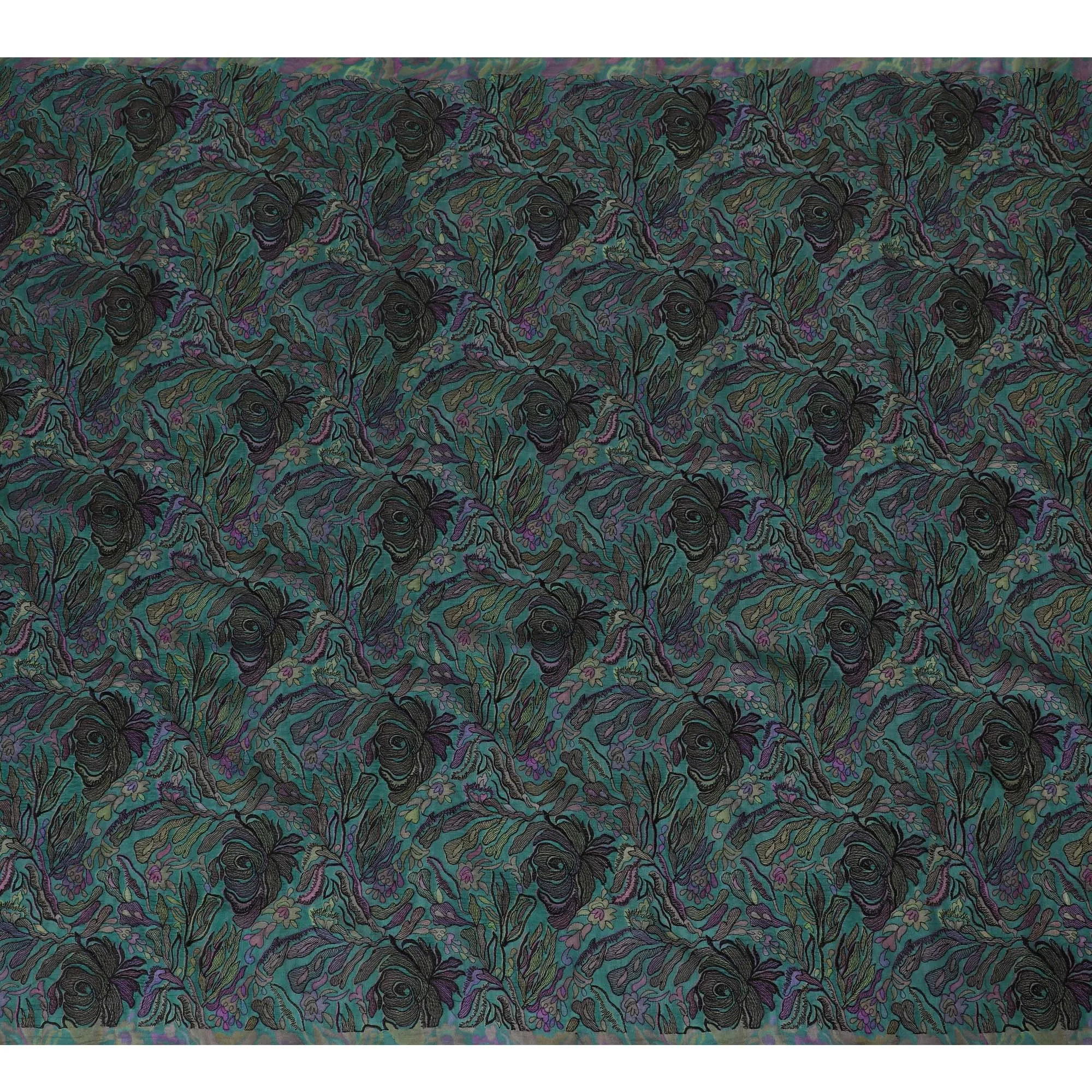 Elegant Teal Silk Organza Fabric with Multicolor Floral Embroidery - 110 cm Wide - D19627