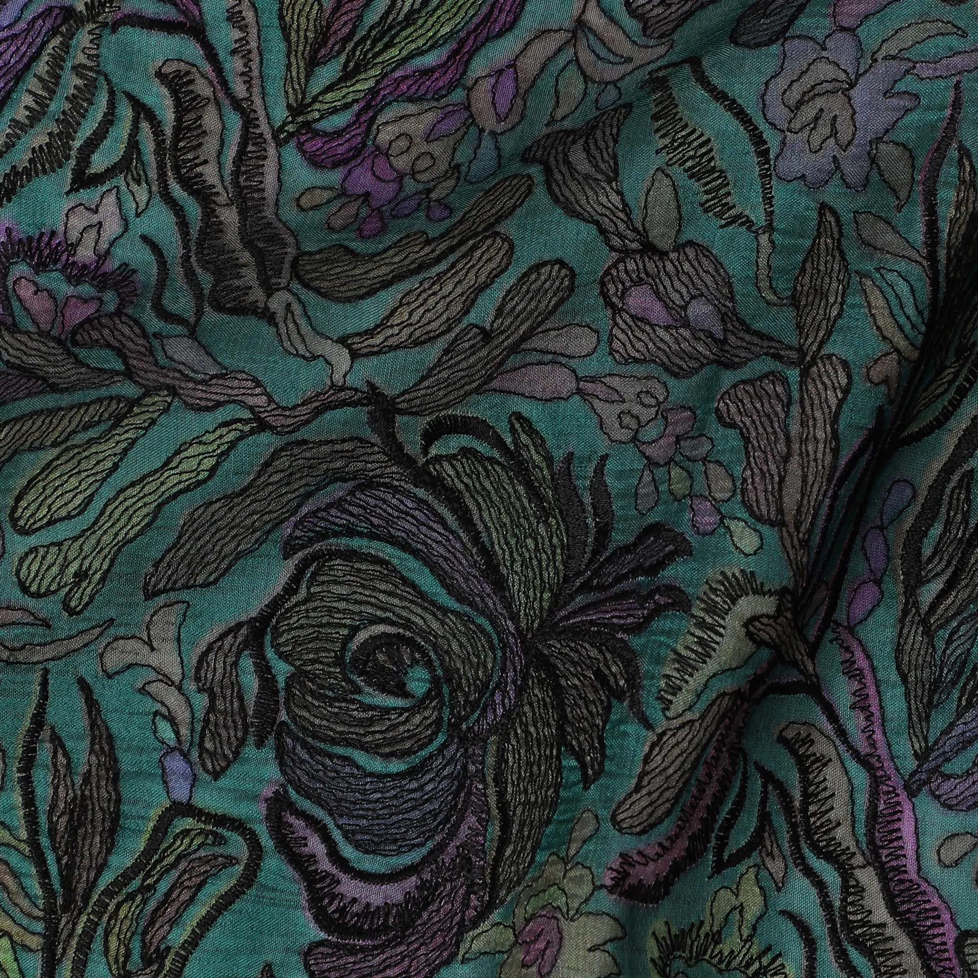 Elegant Teal Silk Organza Fabric with Multicolor Floral Embroidery - 110 cm Wide - D19627