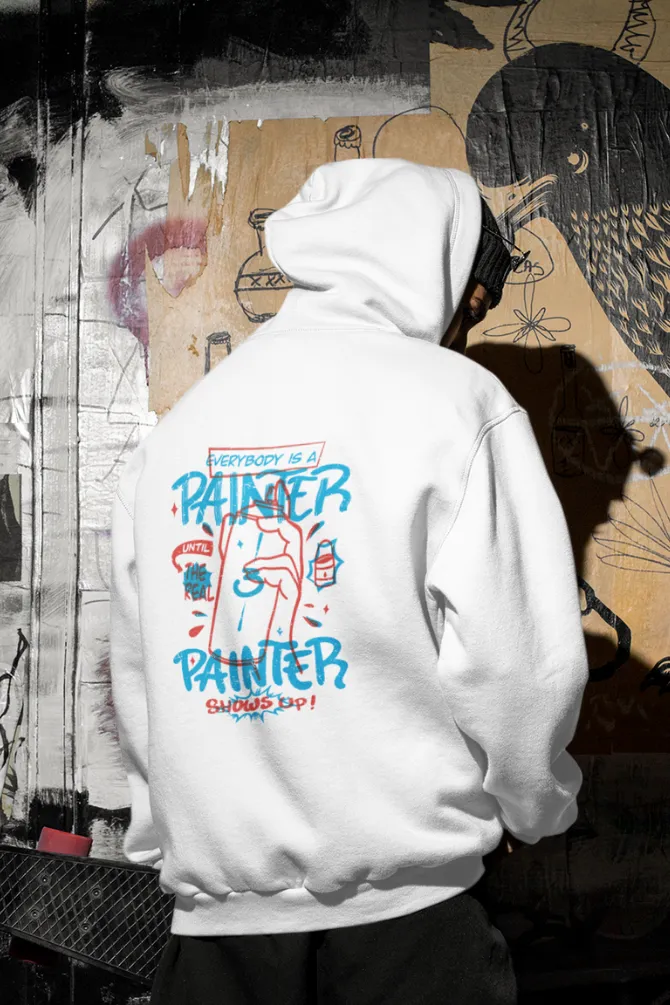 Everybody is A Painter White Printed Oversized Hoodie for men