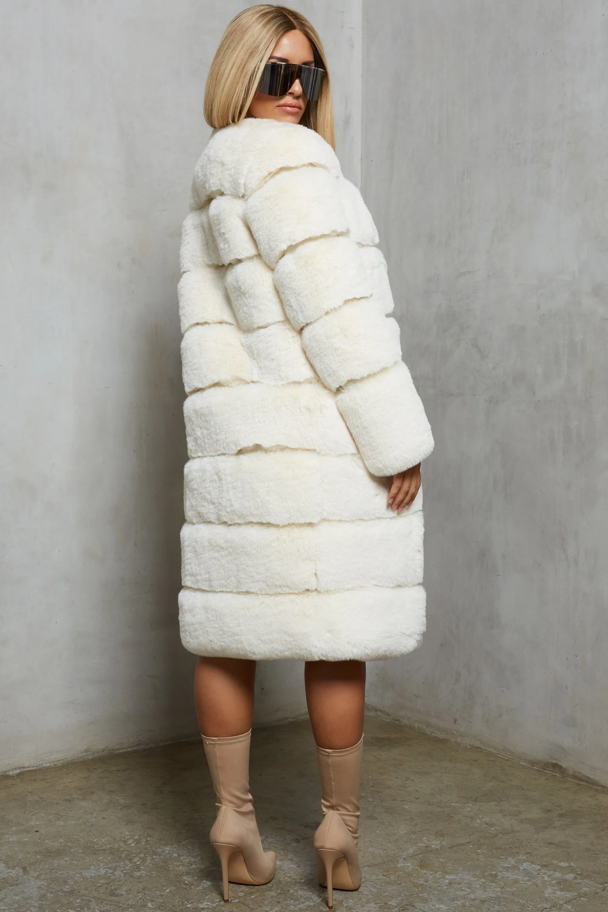 Executive Longline Panel Faux Fur Coat in Ivory