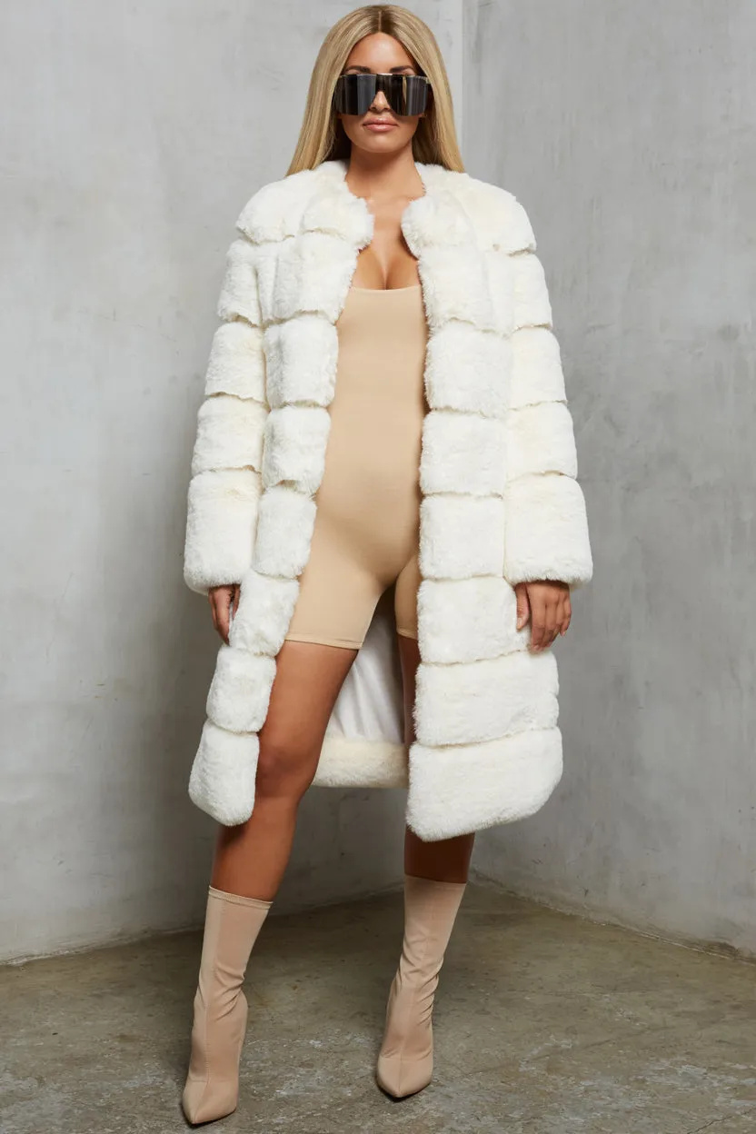 Executive Longline Panel Faux Fur Coat in Ivory