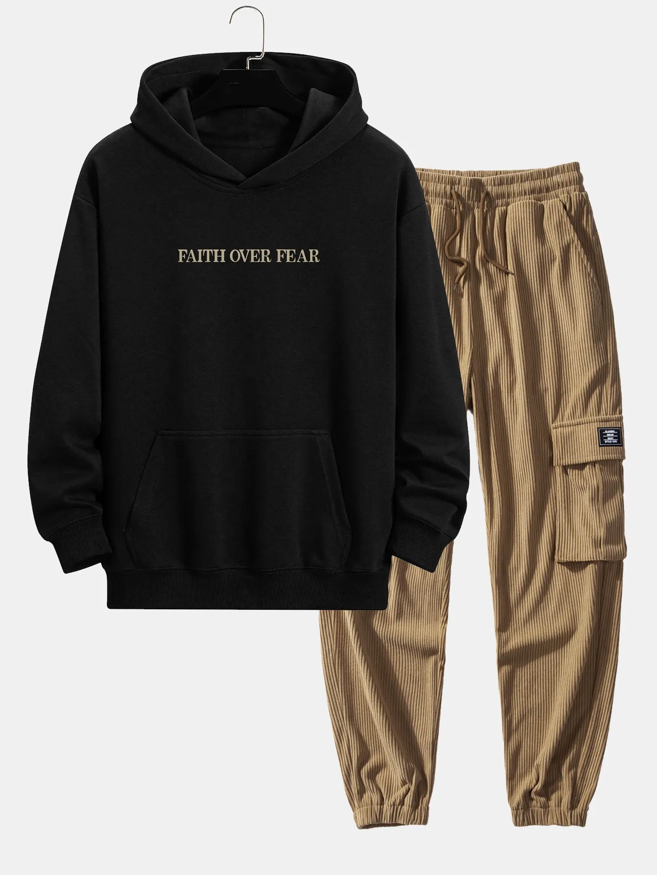 Faith Over Fear Print Relax Fit Hoodie & Drawstring Corduroy Cargo Jogger Pants