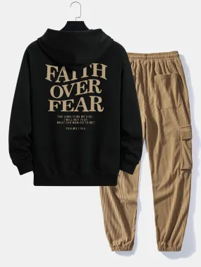 Faith Over Fear Print Relax Fit Hoodie & Drawstring Corduroy Cargo Jogger Pants